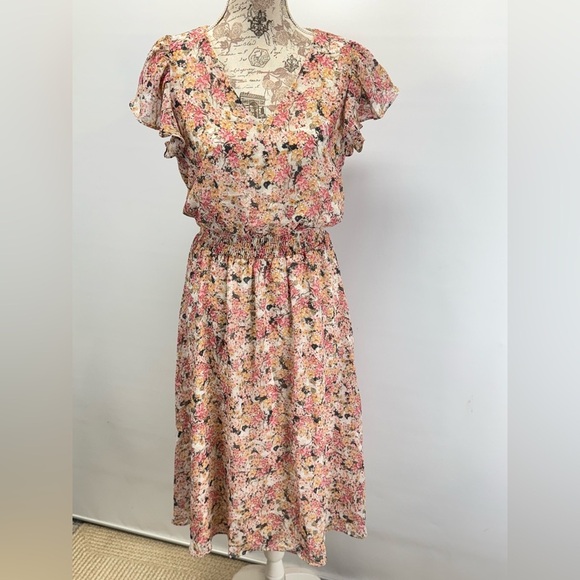 MSK Cream and pink floral elastic waist midi dress size MP - Picture 14 of 16